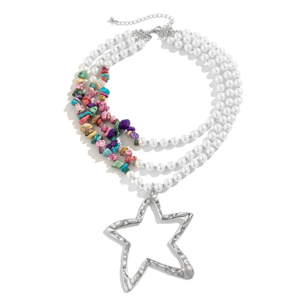 Wind Exaggerated Sweet Cool Imitation Pearl Beaded Necklace Turquoise Neck Chain Multi-Layer Simple Star Necklace