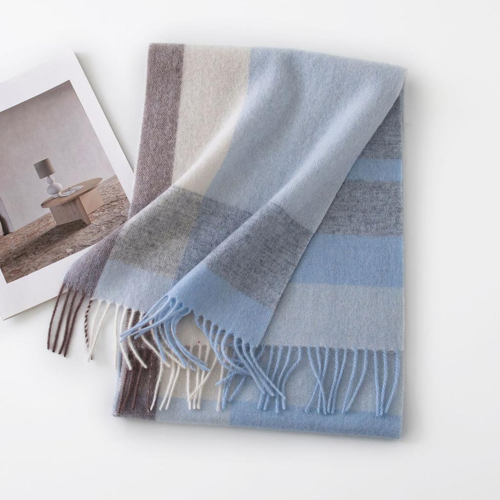 100% Wool Scarf High-end Women's Versatile Thickened Plaid Splicing Warm Scarf Dual-purpose
