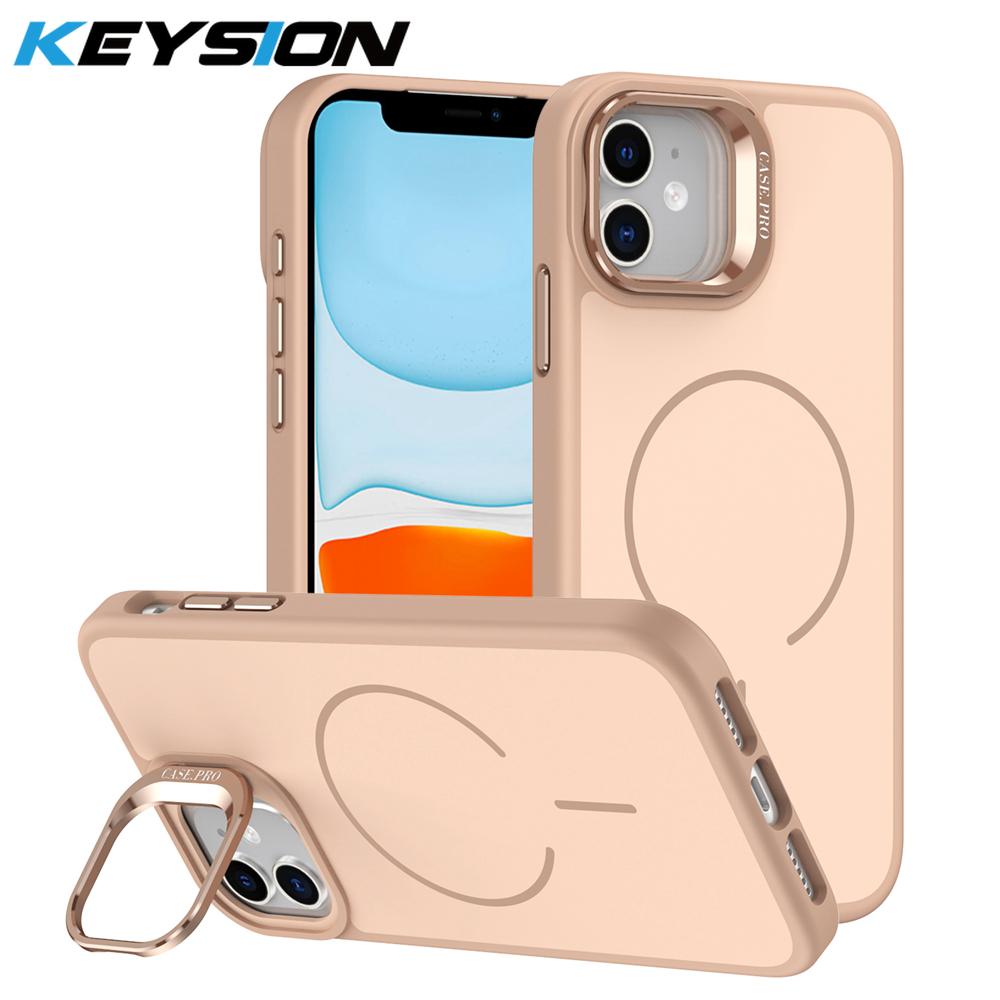 KEYSION Matte Skin Feel Lens Stand Phone Case for Magsafe for iPhone 11 12 Pro Max Magnetic Wireless Charging Shockproof Cover