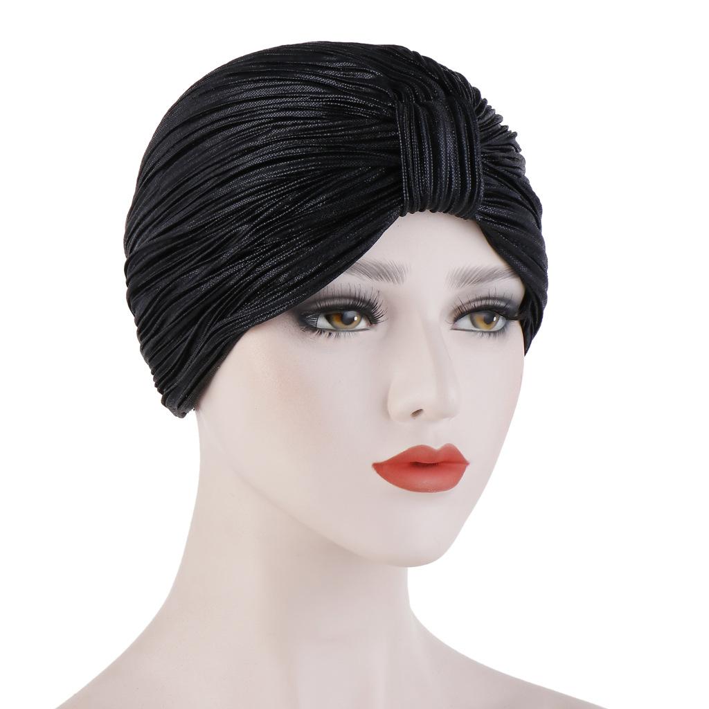 Chemo Cancer Hat Cap Pleated Turban Women Stretch Knotted Shiny Muslim Headscarf