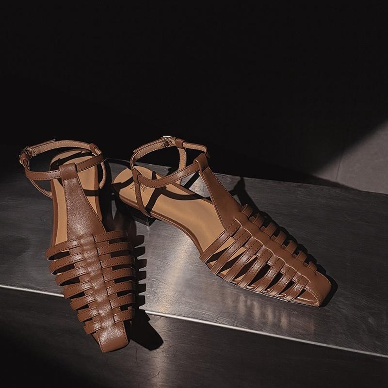 Fashion Women's new summer leather cowhide hollow breathable retro pointed elastic belt buckle low heel toe Roman sandals