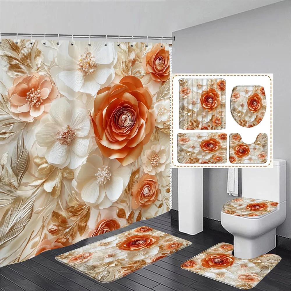 Luxury Pink Floral Butterfly Shower Curtain Set Diamond Flower Art Bathroom Decor Bath Curtains Bath Mats Toilet Lid Cover
