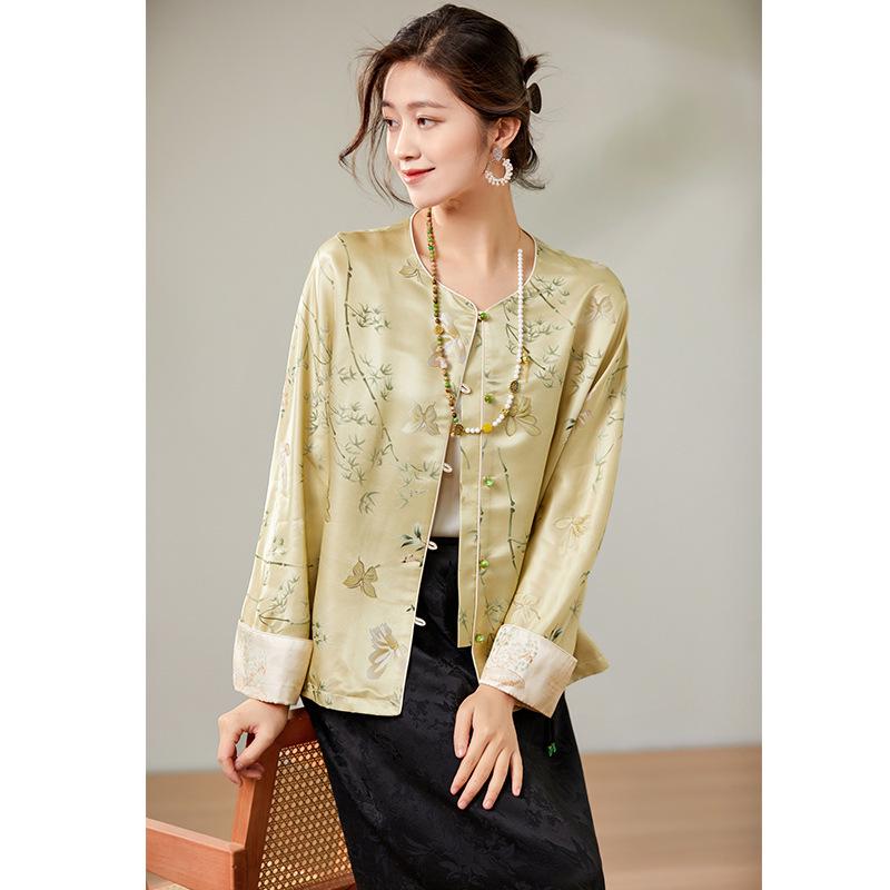 2025 Autumn Women's Heavyweight 32 Momme Silk Jacquard Jacket - New Chinese Style Design, Long Sleeve