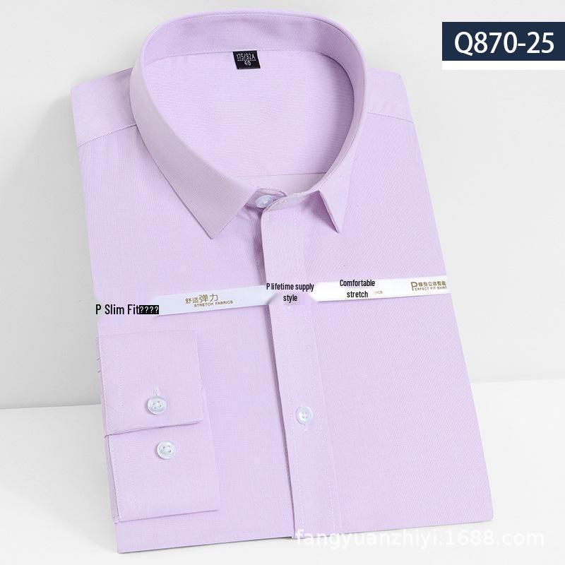 Men's Long Sleeve Bamboo Fiber Slim Fit Shirt - Solid Color, Iron-Free, Micro-Elastic.