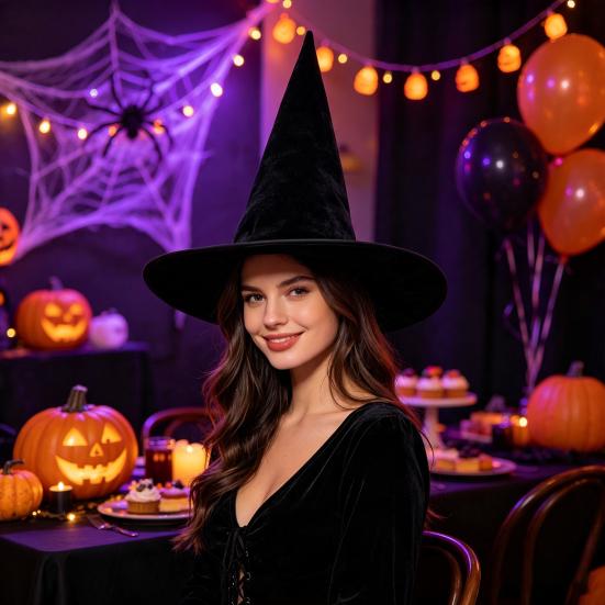 Masquerade Dress Up Hat Velvet Witch for Halloween Costume, Pointed Wizard Cap with Wide Dark Fantasy Costume Props Brim, Festival Headwear,