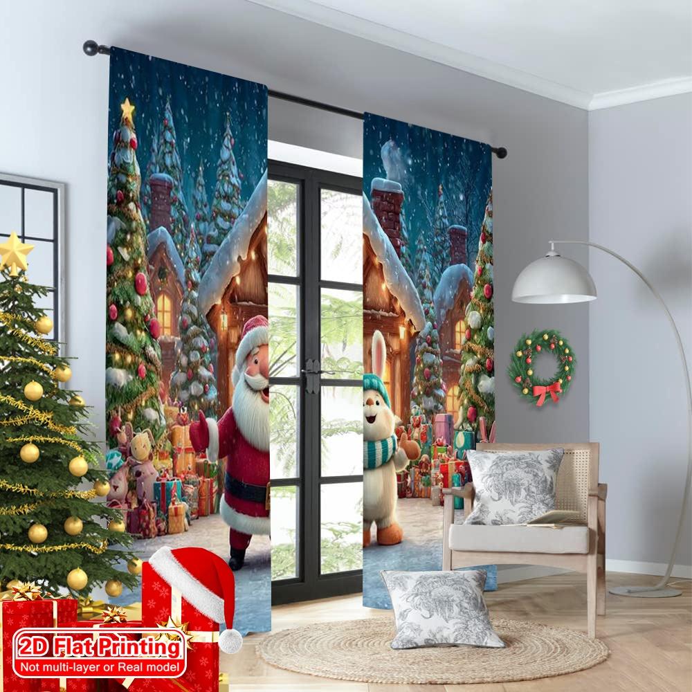 2pcs 2D flat printing Christmas Curtains Father Christmas1 Versatile Polyester Fabric Without Electricity Holiday Decorations