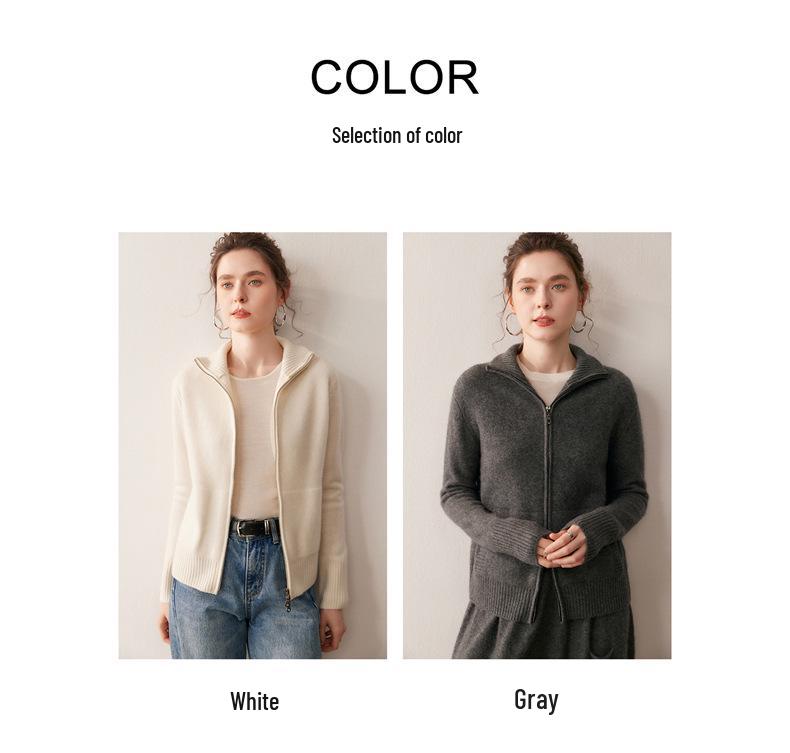 2025 A/W Women's Double-Layer Cashmere Stand Collar Cardigan Sweater with Zippers and Pockets