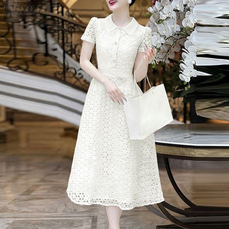 ZANZEA Women Casual Turn Down Collar Short Sleeve Patchwork Lace Dress