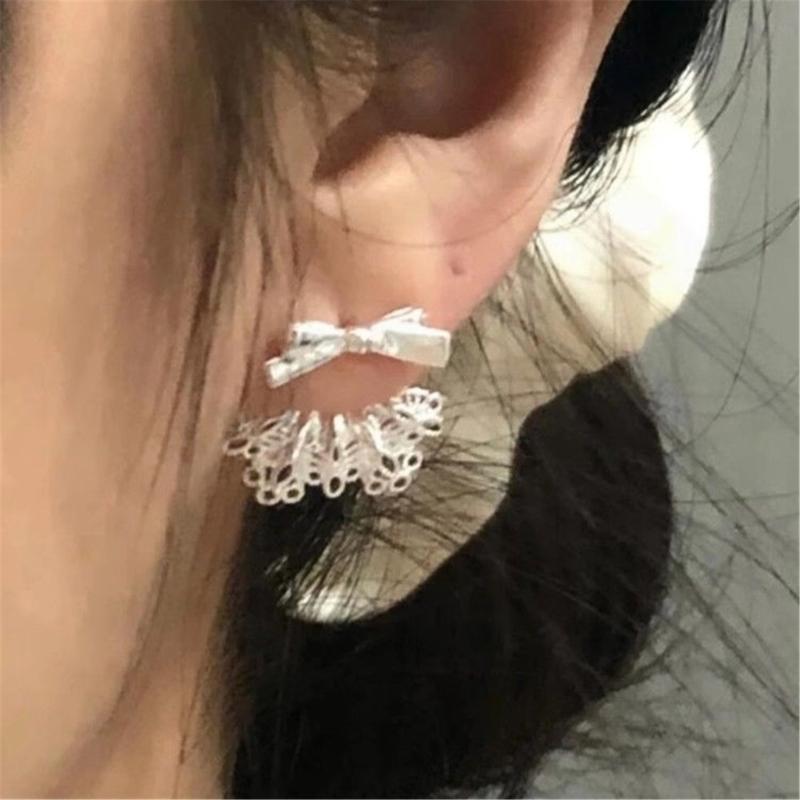 Delicate Butterfly Knot Earrings Lace Trimmed Skirt Bowknot Ear Studs Women Fashion Jewelry for Parties and Weddings
