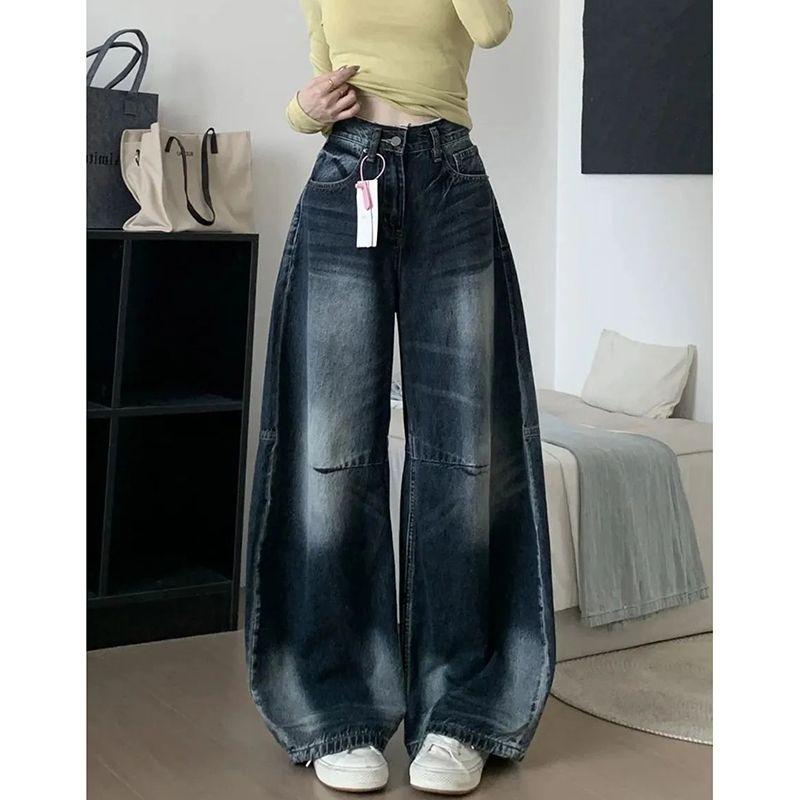 

Women s Street Style Wide-Leg Jeans: Spring & Autumn Hip Hop Trend, Floor-Length, Neutral Fashion. Large (L) серый/синий