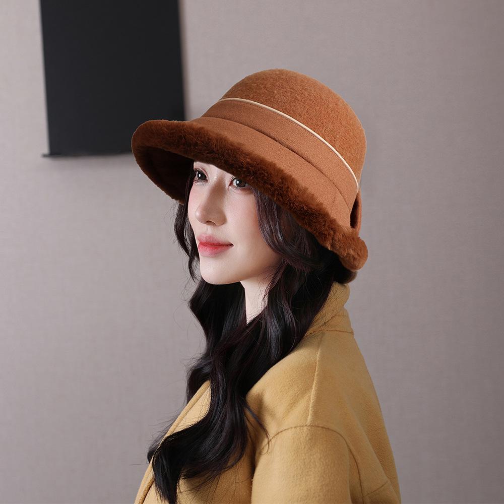 Women Vintage Wool Cloche Hat Plaids Patchwork Bucket Hat Bowler Hat with Bow