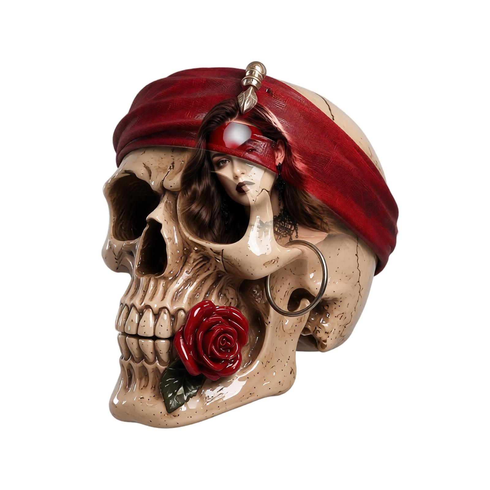 Resin Skull Sculpture with Pirate Bandana and Rose Decorative Figurine Halloween Home Ornament Unique Skull Craft Art Piece One Size