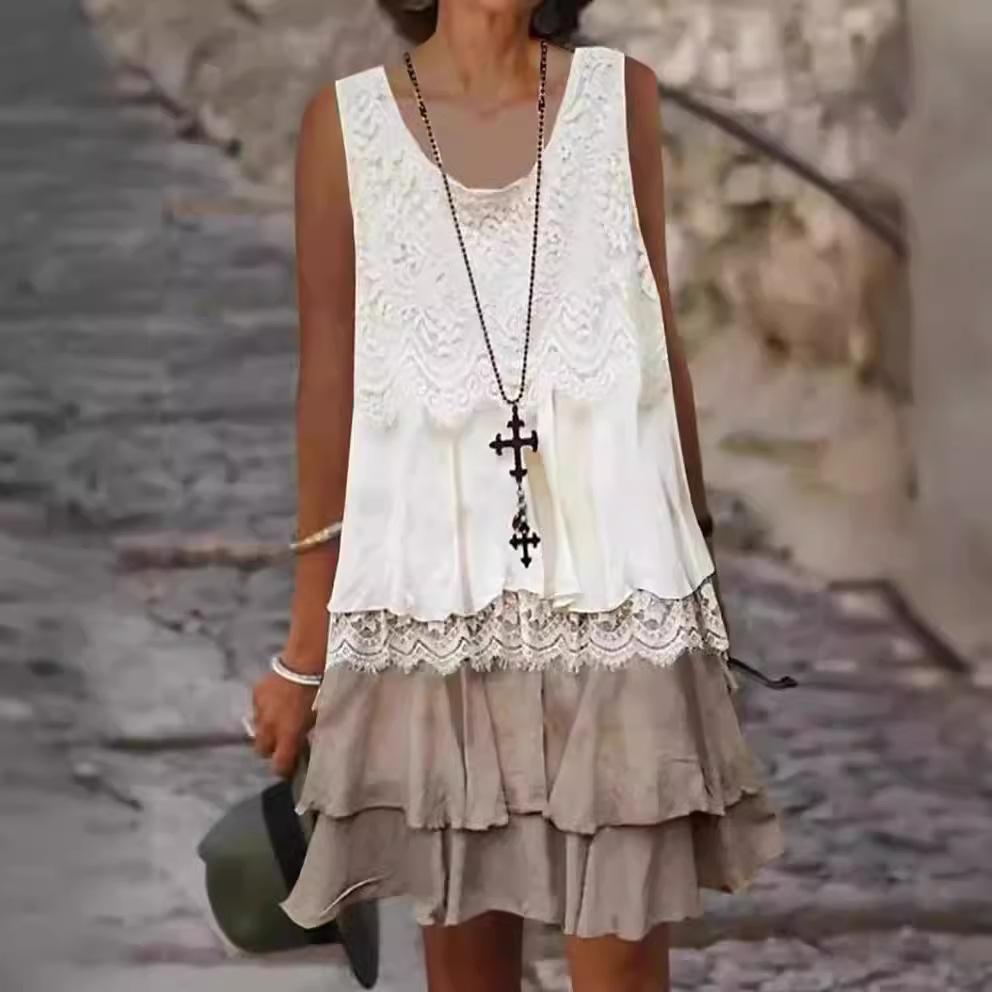 

Women s Sleeveless Round Neck Lace Patchwork Short Dress XXXL білий