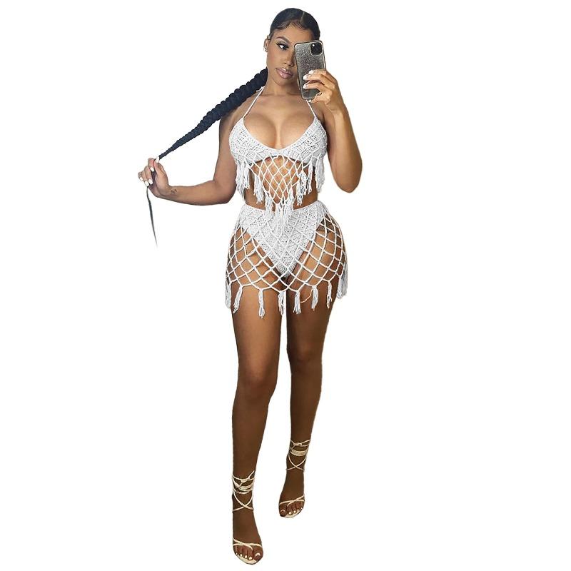 2026 New Arrival Women Sexy Hand Crochet Knit Beach Cover Up Casual Swimwear Two Piece Set S