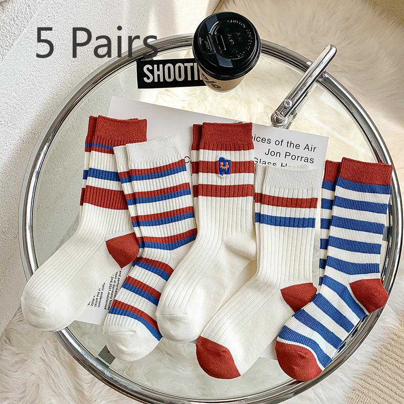 5 Pairs of Women's Spring and Autumn Striped Embroidered Cotton Socks