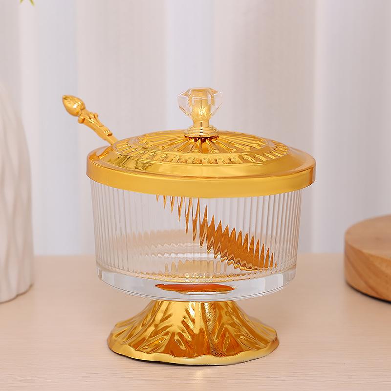 Golden Glass Seasoning Jar with Lid Metal Candy Box Kitchen Salt Sugar Jar Soy Sauce Vinegar Bottle Room Decor Fruit Snack Box