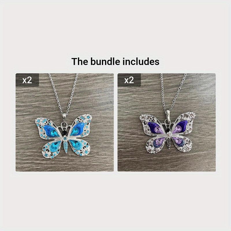 Retro Multicolor Rhinestones Butterfly Pendant Necklace Silver Plated Jewelry