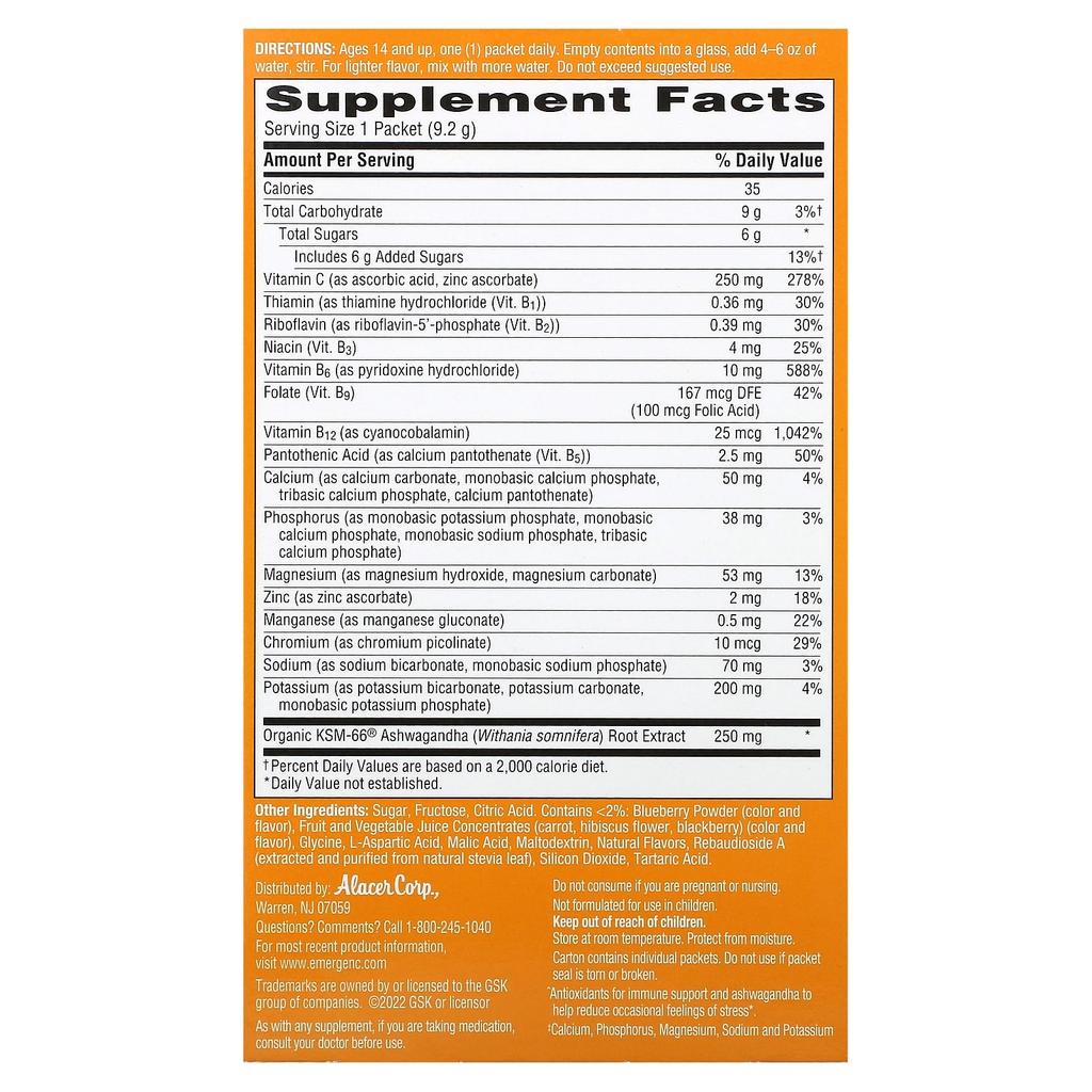 Emergen-C Ashwagandha, Berry Blend, 18 Packets, 9.2G (0.32Oz) Each