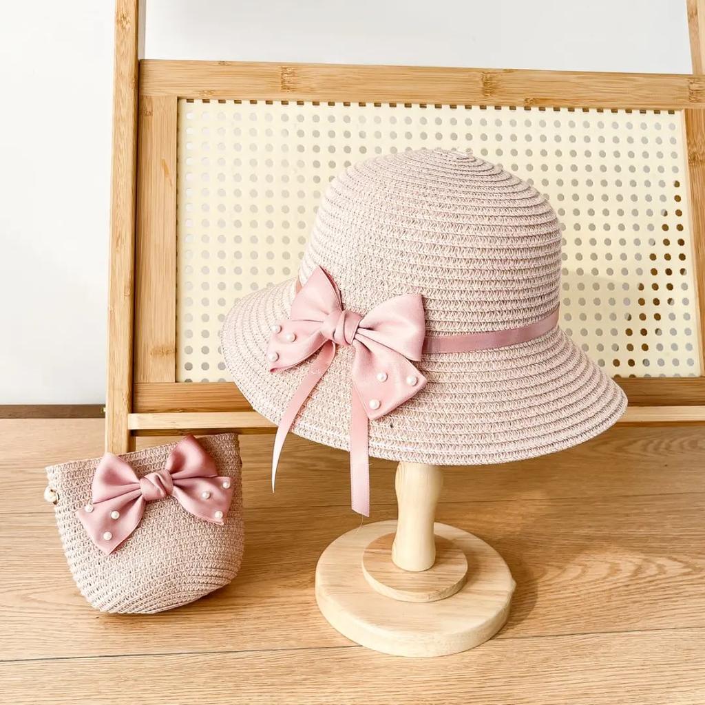 2er Set Stroh-Eimerhut und Tasche für kleine Mädchen, Kinder Sommerurlaub Fischerhüte Baby Prinzessin Schleife Lässig Strand Sonnenhut