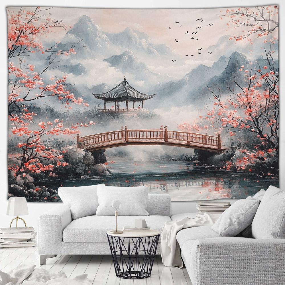 Asian Style Landscape Tapestry Nature Scenery Forest Waterfall Bedroom Living Room Home Wall Hanging Decor Natural Tapestry