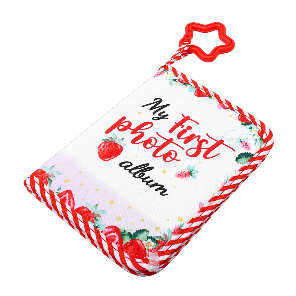 My First Photo Album Strawberry Pattern Soft Cloth Photo Book with Safe Mirror for 17 Photos