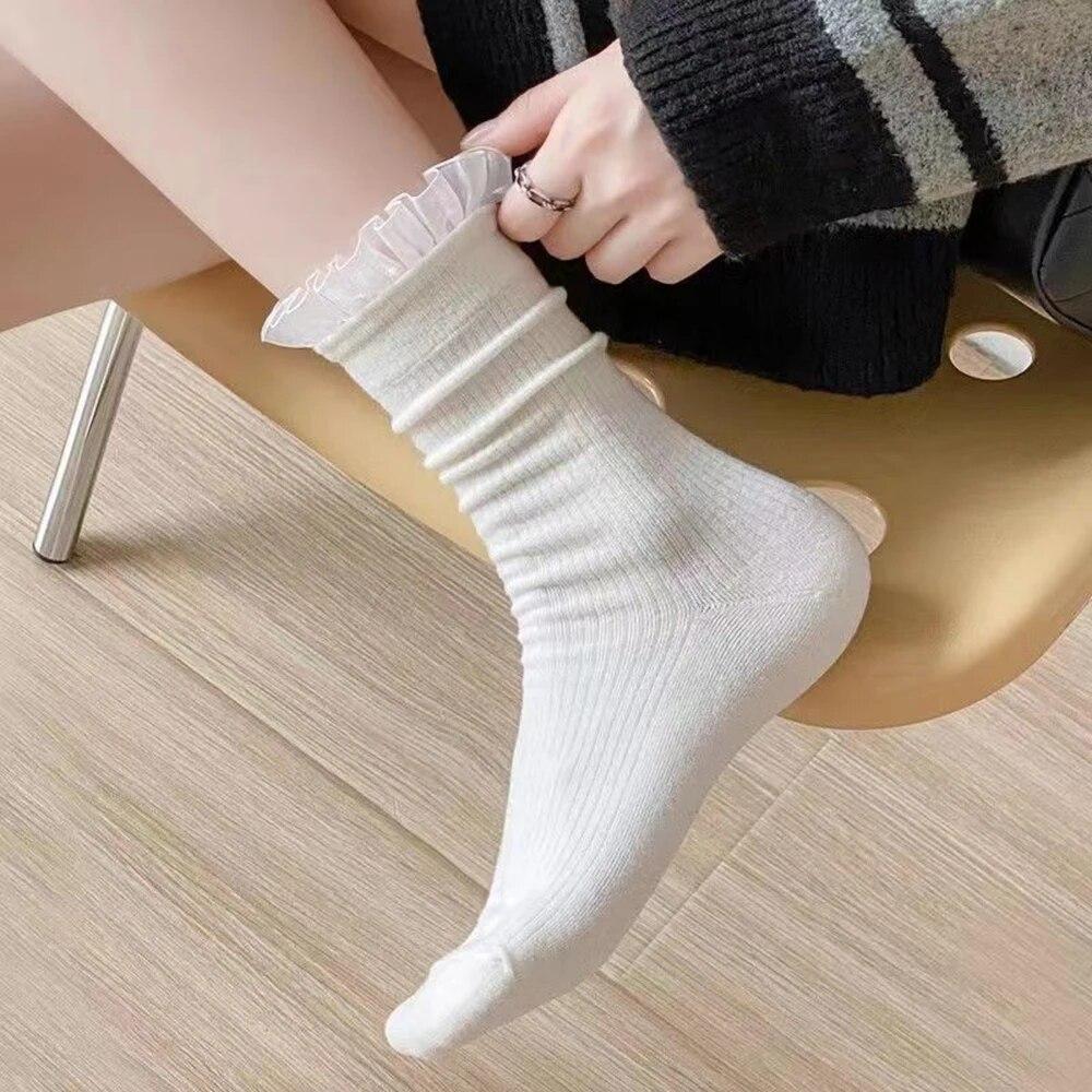 1 Pair Women's Mid Length Socks Pearl Decoration Fashion Pleated Pile Up Socks Lace Lace Lolita Jk Versatile Girls' Cotton Socks