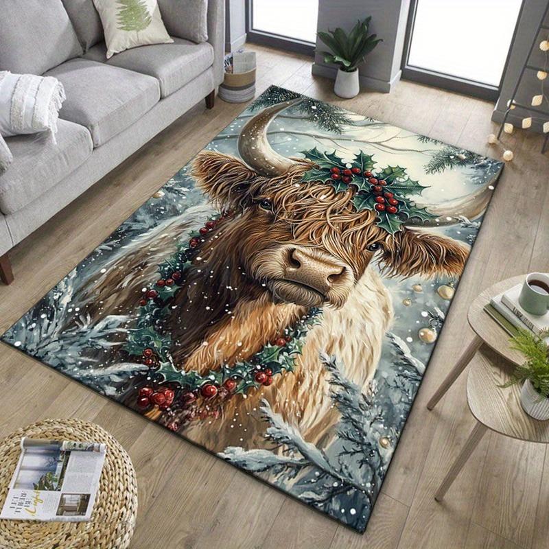 

Winter Highland Cow Rug for Cozy Living Areas, Festive Holly Berry Carpet, Seasonal Home Decor Pieces Skid resistant carpet 50x80cm