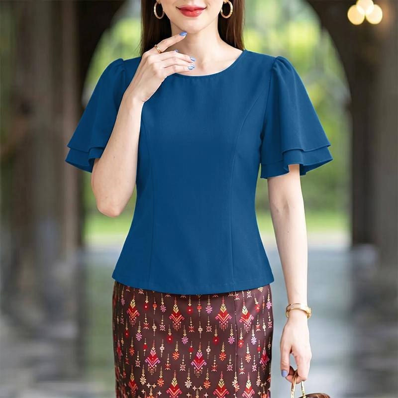 ZANZEA Women Casual Round Neck Solid Color Ruffles Short Sleeve Blouse