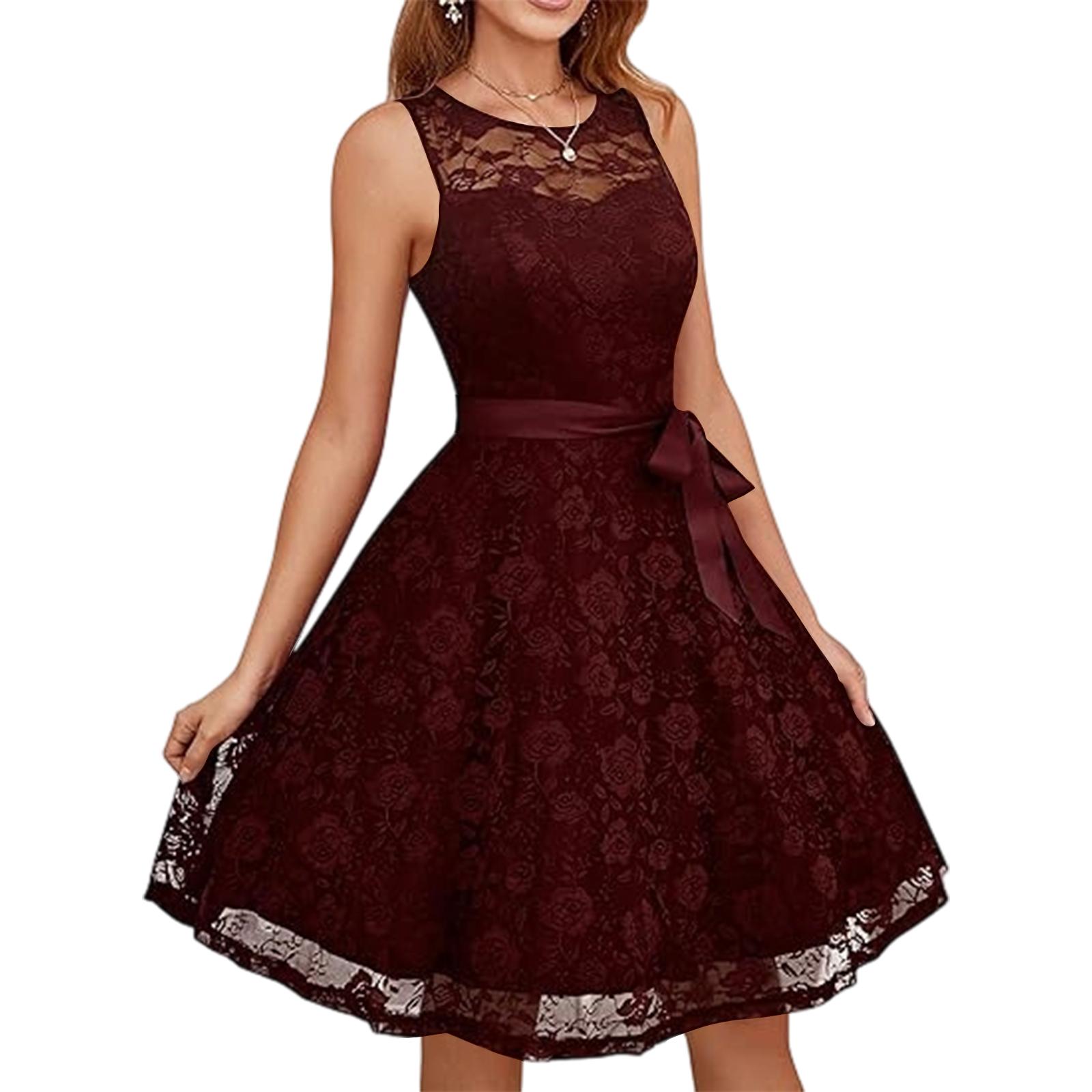 

Women Vintage Princess Floral Lace Cocktail V-Neck Party Aline Swing Dress L винний