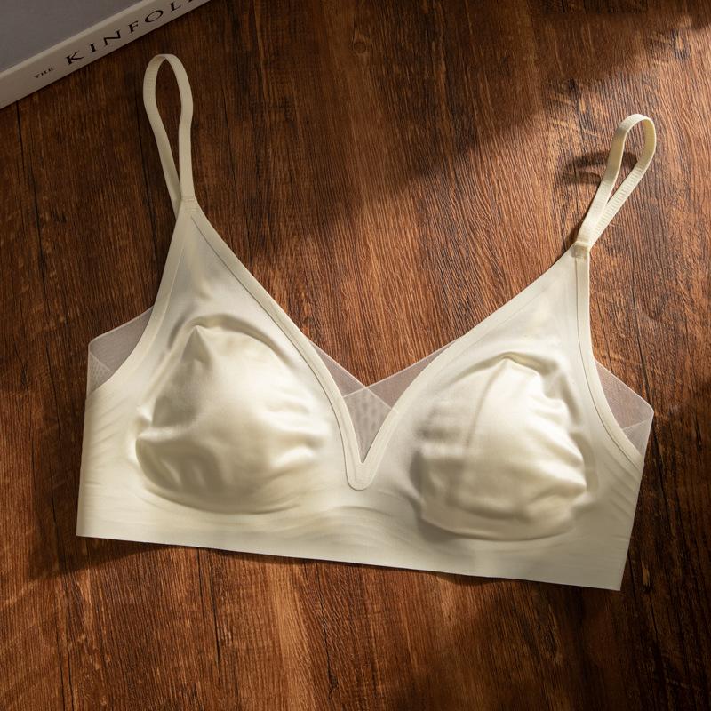 Women Seamless Light Brown Satin Bra with Sheer Mesh V-Neck M белый