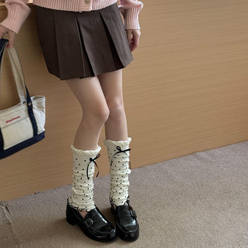 2 Pairs of Retro Polka Dot Sock Covers, Bow Pile Socks, Double-needle Socks, Slimming Leg Covers for Women