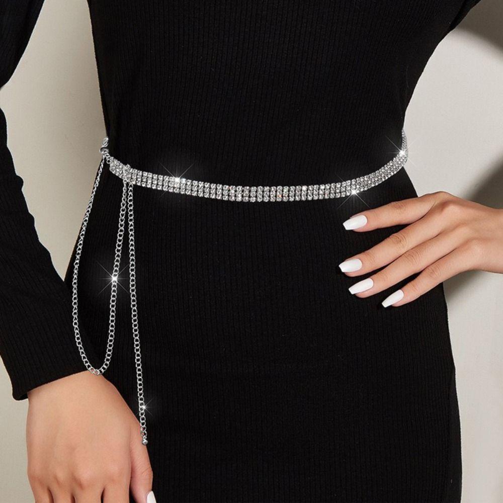 3 Rows Rhinestone Waistband Adjustable Crystal Waist Chain Zircon Inlaid Waist Belt  Performance