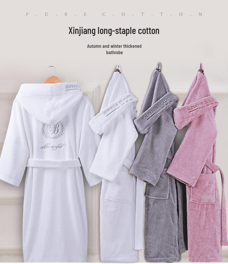Pure Cotton Couple's Hooded Terry Bathrobe - Winter Thickened Pajamas for Men and Women