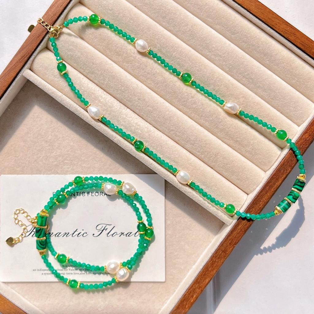 Natural Chrysoprase Freshwater Pearl Design Necklace Collarbone Chain