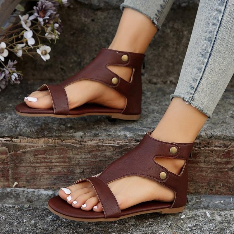 Hollowed-out Shoes with Toe Exposed and Zipped Flat Sandals for Women, Large-sized Retro Sandals