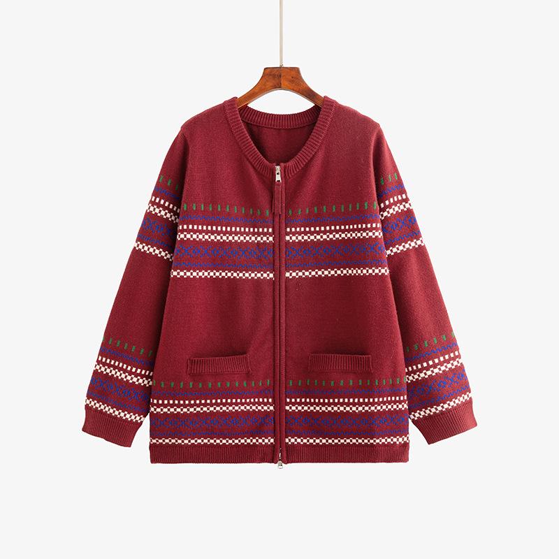 

2025 Winter Plus Size Jacquard Knit Jacket: Round Neck, Double Zipper, Loose Cardigan XL (60-80 kg) вино красного