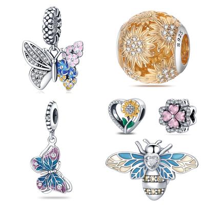 Style 925 Sterling Silver Butterfly Bee Sunflower Chrysanthemum String Beaded Charm Diy Ornament Accessories