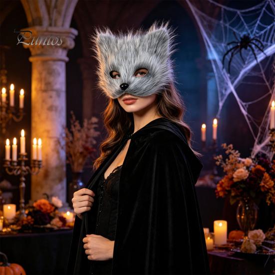 Fluffy Cat Ear Headband Plush Fox Cosplay Mask, Tail, Costumes Props, Fuzzy Halloween Beast Girl Outfit Mask for Costume Party Anime Convention