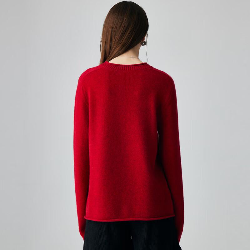 Paruo Women's 100% Cashmere Rolled-Edge Round Neck Sweater