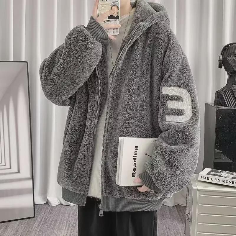 Men's Large Lambskin Hooded Jacket - Autumn/Winter, Hong Kong Style, Loose Fit, Casual & Warm Cotton Jacket for Couples