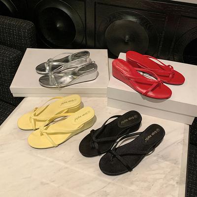 Cowhide Version, Slope Heel Retro Toe Slippers Women's Summer Wear Beach French Sandals High Heels