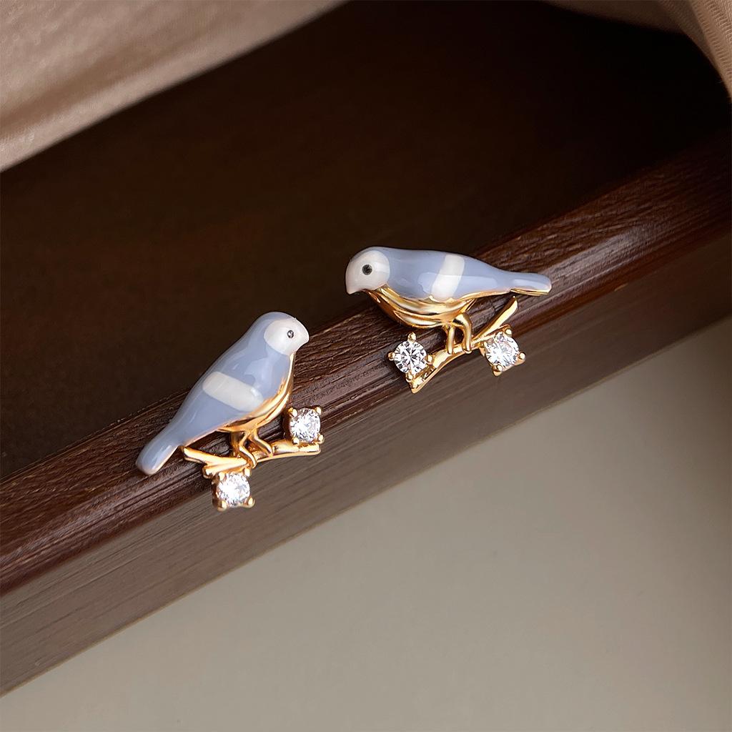 French Drip Oil Color Little Bird Zircon Earrings: Luxurious, Versatile, Retro Jewelry for Women