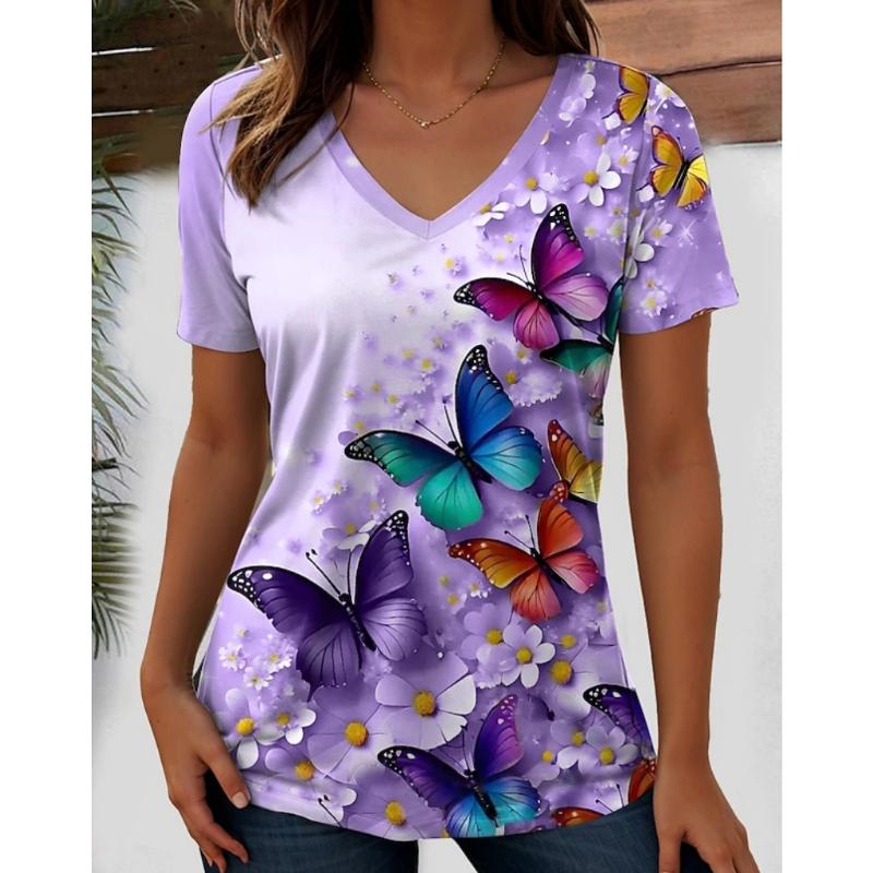 Harajuku Wind Ladies V-neck T-shirt Summer Outdoor Casual Short Sleeve Tops Retro Street Flower Print OverSize Women's Clothing