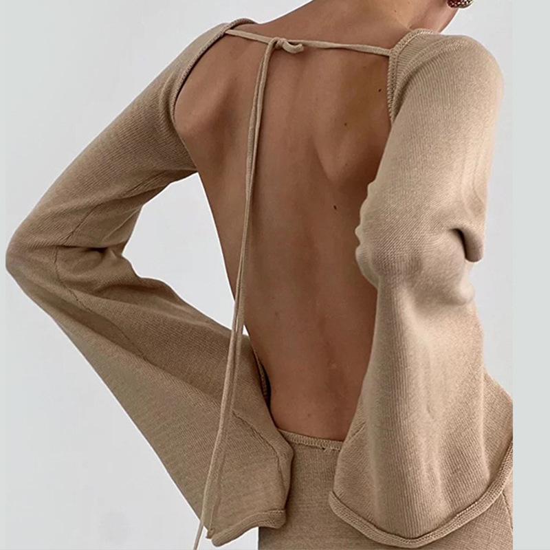 Neckholder Rundhalsbluse Einfarbig Gestrickt Ausgestellter Ärmel Strandkleid