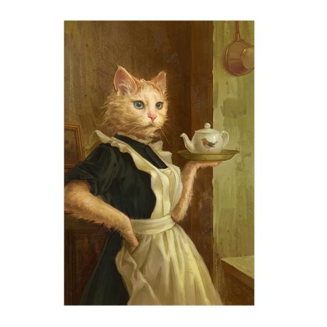 Pussy Maid Cat Personification Posters Wall Art Canvas Prints Retro Funny Animals Paintings for Living Room Home Decor Pictures