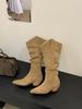 Pointed Thick Heel Pile Boots Tall Boots 2025 Autumn and Winter Khaki Short Boots But Knee Small Boots
