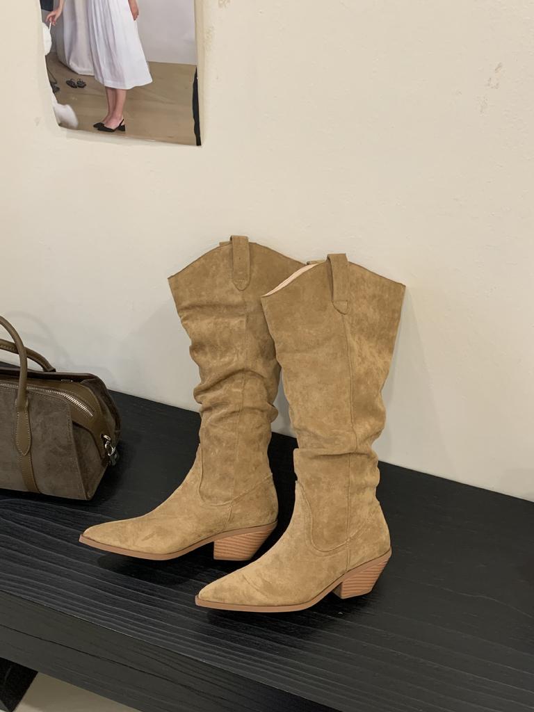 Pointed Thick Heel Pile Boots Tall Boots 2025 Autumn and Winter Khaki Short Boots But Knee Small Boots