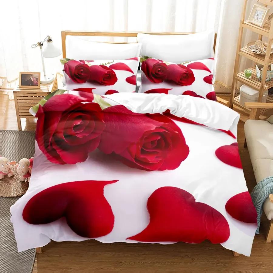 Comforter Red Roses Queen Size King Full 3D Bedding Sets Flower Quilt Linens Single Double Bed