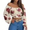 Spring and autumn new European and American women's clothing popular printing long-sleeved off-the-shoulder one-word collar lantern sleeve top