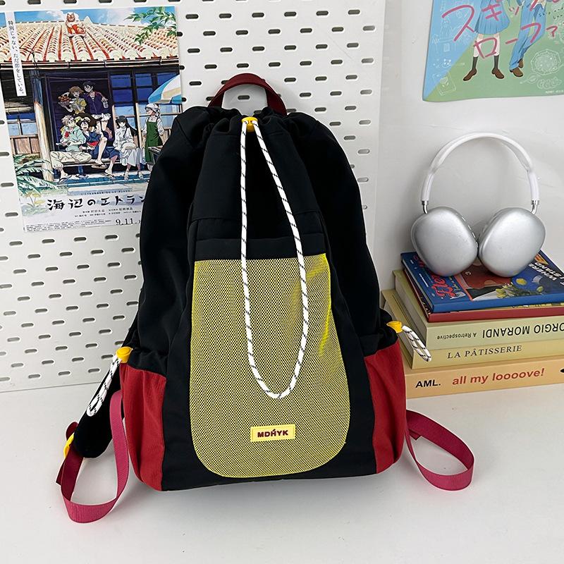 

Корейская версия Контрастный цвет Шнурок Холщовая сумка с завязками Карман Дорожная сумка Рюкзак для велоспорта на открытом воздухе Женский рюкзак-школьная сумка .